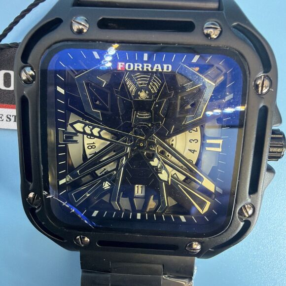 Forrad Mens Skeleton Quartz Black Watch Metal Bracelet With a heavy Padded box